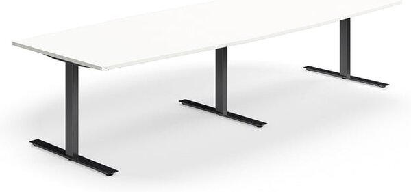 AJ Produkty Jednací stůl QBUS, T-nohy, 3200x1200 mm, tvar člunu, černá podnož, bílá