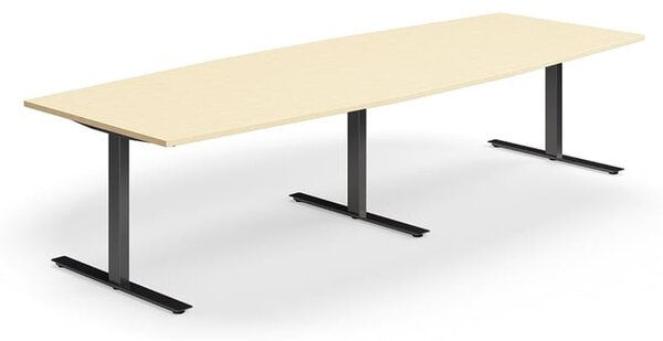 AJ Produkty Jednací stůl QBUS, T-nohy, 3200x1200 mm, tvar člunu, černá podnož, bříza