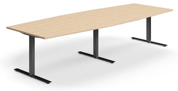AJ Produkty Jednací stůl QBUS, T-nohy, 3200x1200 mm, tvar člunu, černá podnož, dub