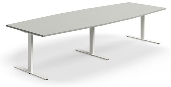AJ Produkty Jednací stůl QBUS, T-nohy, 3200x1200 mm, tvar člunu, bílá podnož, světle šedá