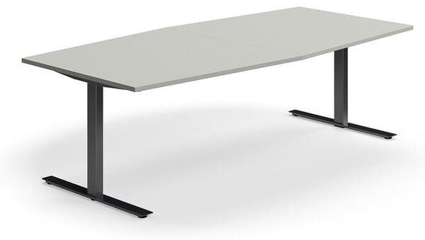 AJ Produkty Jednací stůl QBUS, T-nohy, 2400x1200 mm, tvar člunu, černá podnož, světle šedá