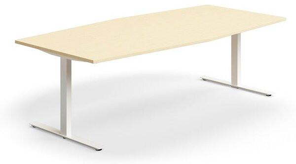 AJ Produkty Jednací stůl QBUS, T-nohy, 2400x1200 mm, tvar člunu, bílá podnož, bříza
