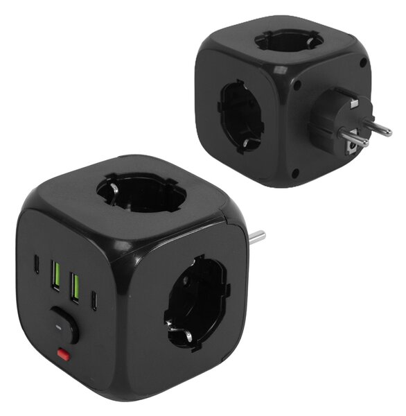 Toolight Toolight, JNH019, zásuvková kostka 7v1, 3 zásuvky + 2× USB-A + 2× USB-C, černá, OSW-56304