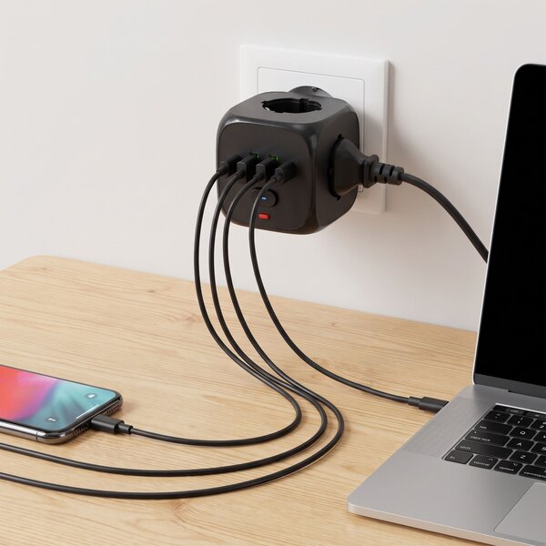 Toolight Toolight, JNH019, zásuvková kostka 7v1, 3 zásuvky + 2× USB-A + 2× USB-C, černá, OSW-56304