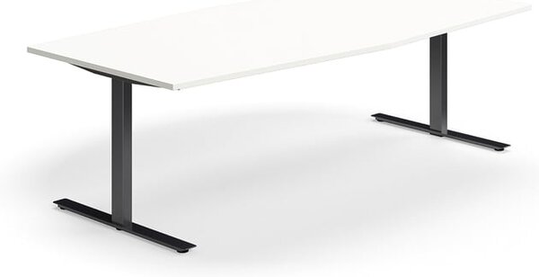 AJ Produkty Jednací stůl QBUS, T-nohy, 2400x1200 mm, tvar člunu, černá podnož, bílá