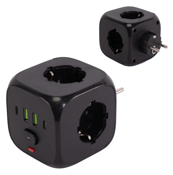 Toolight Toolight, JNH019, zásuvková kostka 7v1, 3 zásuvky + 2× USB-A + 2× USB-C, černá, OSW-56304