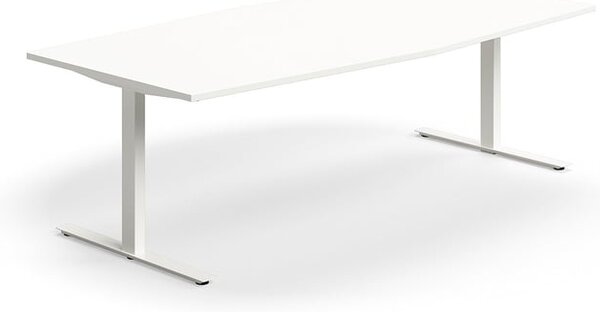 AJ Produkty Jednací stůl QBUS, T-nohy, 2400x1200 mm, tvar člunu, bílá podnož, bílá