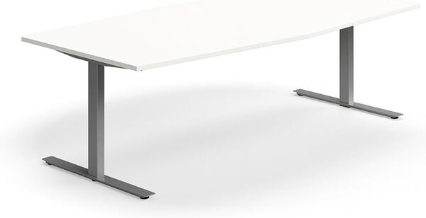 AJ Produkty Jednací stůl QBUS, T-nohy, 2400x1200 mm, tvar člunu, stříbrná podnož, bílá
