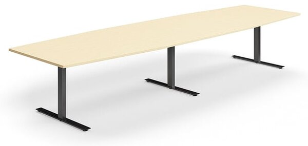 AJ Produkty Jednací stůl QBUS, T-nohy, 4000x1200 mm, tvar člunu, černá podnož, bříza