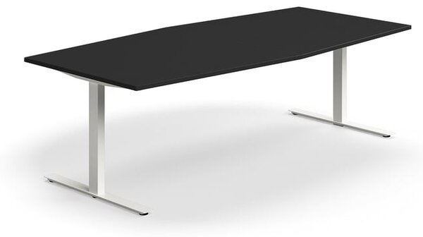 AJ Produkty Jednací stůl QBUS, T-nohy, 2400x1200 mm, tvar člunu, bílá podnož, černá