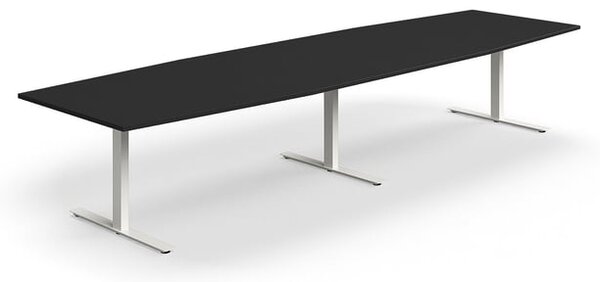 AJ Produkty Jednací stůl QBUS, T-nohy, 4000x1200 mm, tvar člunu, bílá podnož, černá