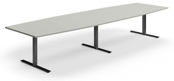 AJ Produkty Jednací stůl QBUS, T-nohy, 4000x1200 mm, tvar člunu, černá podnož, světle šedá