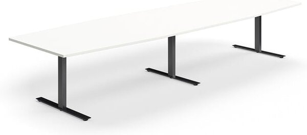 AJ Produkty Jednací stůl QBUS, T-nohy, 4000x1200 mm, tvar člunu, černá podnož, bílá