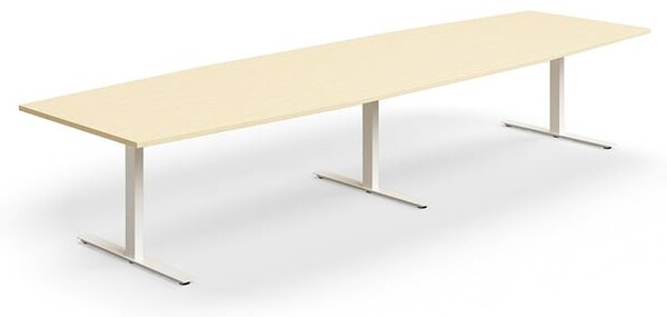 AJ Produkty Jednací stůl QBUS, T-nohy, 4000x1200 mm, tvar člunu, bílá podnož, bříza