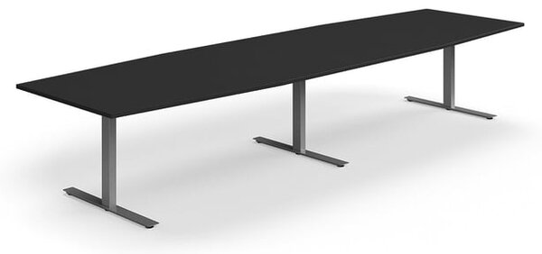 AJ Produkty Jednací stůl QBUS, T-nohy, 4000x1200 mm, tvar člunu, stříbrná podnož, černá