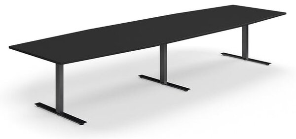 AJ Produkty Jednací stůl QBUS, T-nohy, 4000x1200 mm, tvar člunu, černá podnož, černá