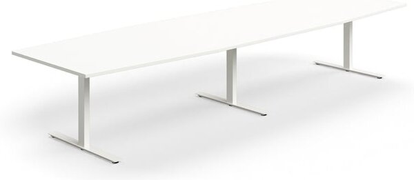 AJ Produkty Jednací stůl QBUS, T-nohy, 4000x1200 mm, tvar člunu, bílá podnož, bílá