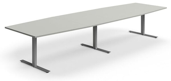 AJ Produkty Jednací stůl QBUS, T-nohy, 4000x1200 mm, tvar člunu, stříbrná podnož, světle šedá