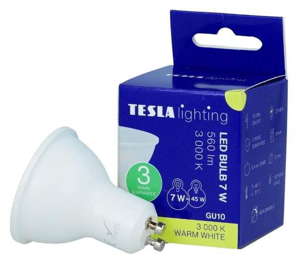 TESLA lighting Tesla - LED žárovka GU10, 7W, 230V, 600lm, 25 000h, 3000K teplá bílá, 100°