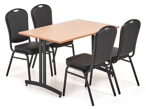 AJ Produkty Jídelní set SANNA + HARTFORD, 1 stůl 1200x800 mm, buk, 4 židle, černá/černá syntetická kůže