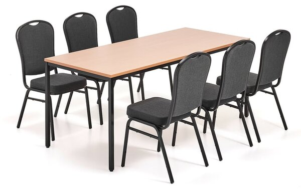 AJ Produkty Jídelní set JAMIE + HARTFORD, 1 stůl 1800x800 mm, buk, 6 židlí, černá/černý textilní potah