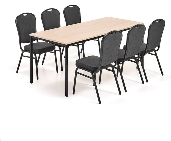 AJ Produkty Jídelní set JAMIE + HARTFORD, 1 stůl 1800x800 mm, bříza, 6 židlí, černá/černý textilní potah