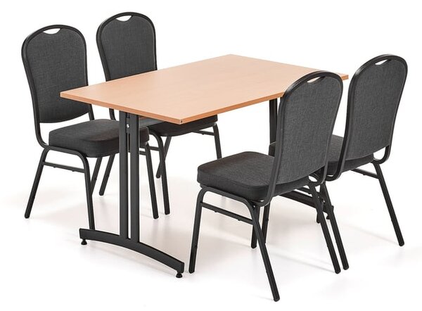 AJ Produkty Jídelní set SANNA + HARTFORD, 1 stůl 1200x800 mm, buk, 4 židle, černá/černý textilní potah