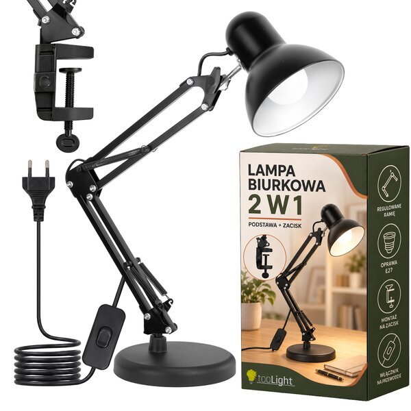 Toolight Toolight, JNH043-1TD, stolní lampa 2v1 s podstavcem a svorkou, 1× E27, černá, OSW-56234
