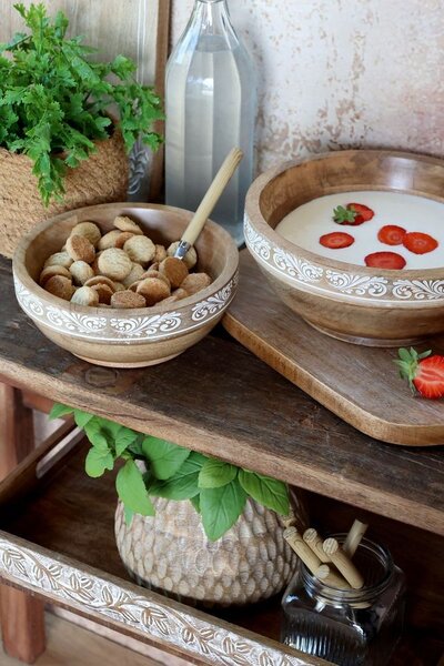 Dřevěná miska z mangového dřeva s řezbami Tours - Ø 20*9 cm / 900ml - Chic Antique