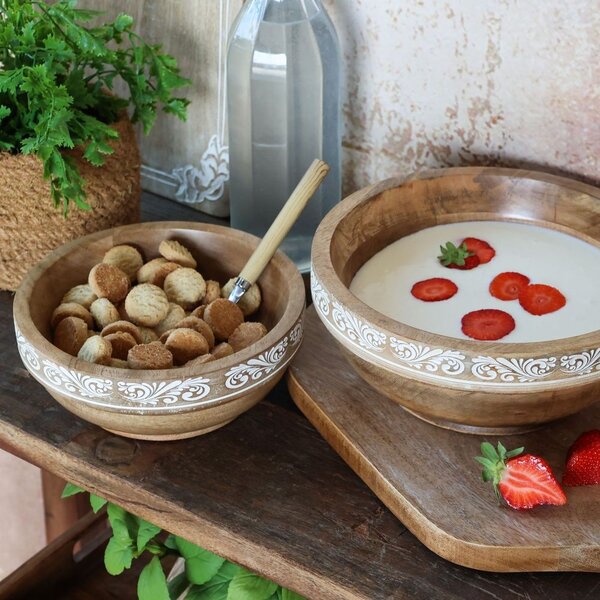 Dřevěná miska z mangového dřeva s řezbami Tours - Ø 20*9 cm / 900ml - Chic Antique