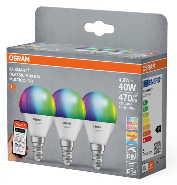 Smart LED žárovka SMART+ MATTER Multicolor Classic P40, 4.9W, E14, Triple Pack
