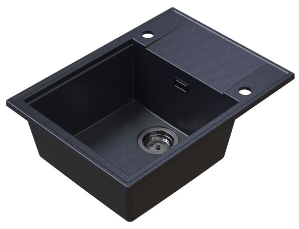 Sink Quality Sink55, kuchyňský granitový dřez 620x460x215 mm + grafitový sifon, černá skvrnitá, SKQ-SINK.B.1KKO.XB