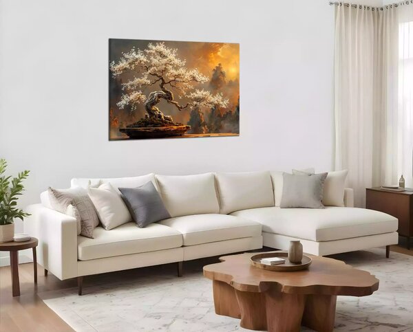 Moderní obraz Bonsaj a západ slunce