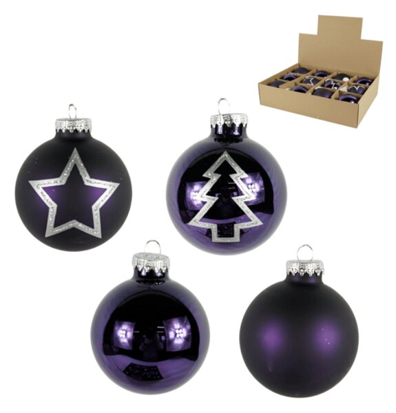 Sada 12 ks vánočních ozdob PURPLE JOY skleněné 7,5 cm, fialové