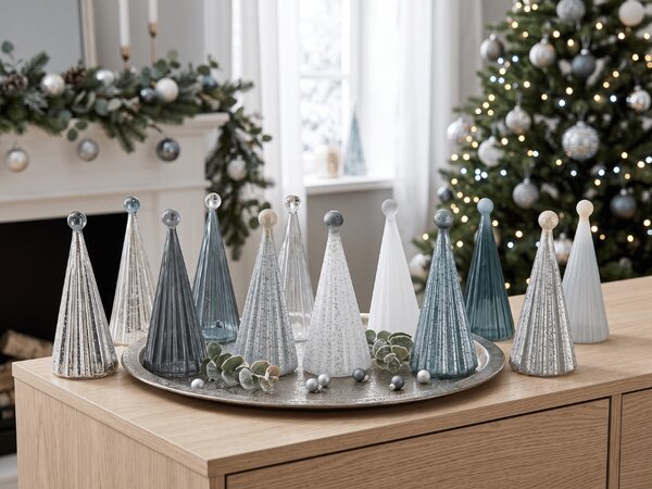 Skleněný svítící stromeček TWINKLE s LED osvětlením 22 cm, šedé odstíny