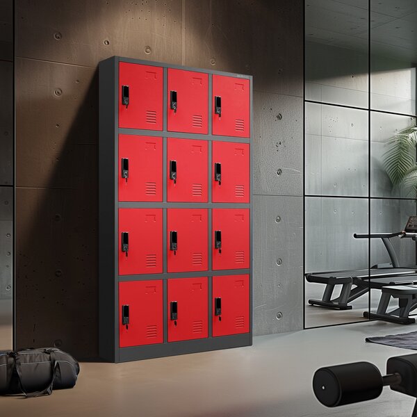 Šatní skříň s 12 uzamykatelnými boxy, antracit/červená, 900x1850x400 mm: MARCIN