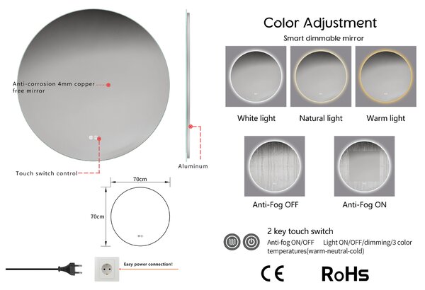 Erga Sofia, kulaté LED zrcadlo 70cm, 1610 lm, 3 barvy světla, ERG-V01-207-7070
