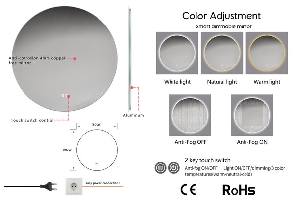 Erga Sofia, kulaté LED zrcadlo 80cm, 1840 lm, 3 barvy světla, ERG-V01-207-8080