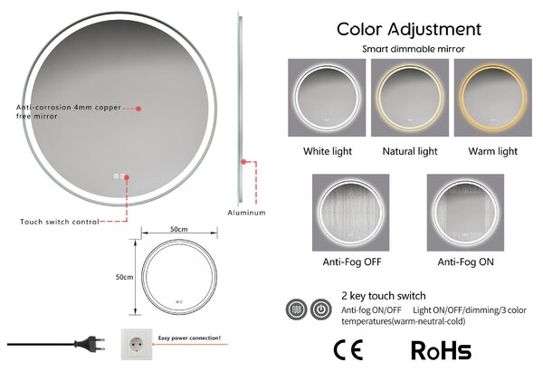 Erga Carla, kulaté LED zrcadlo 50cm, 1150 lm, 3 barvy světla, ERG-V01-208-5050