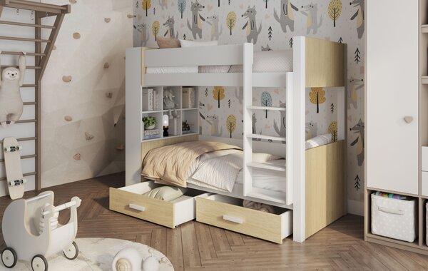 Patrová postel s policemi 80x180 BEDLIA - bílá / dub olejovaný, pravé provedení