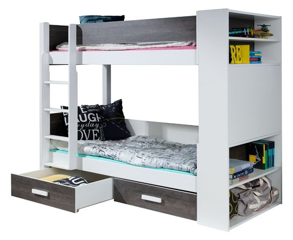 Patrová postel s policemi 80x180 BEDLIA - bílá / zebrano, levé provedení