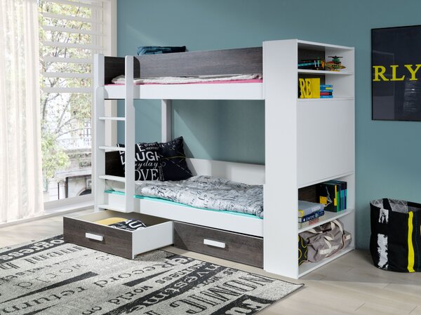 Patrová postel s policemi 80x180 BEDLIA - bílá / zebrano, levé provedení