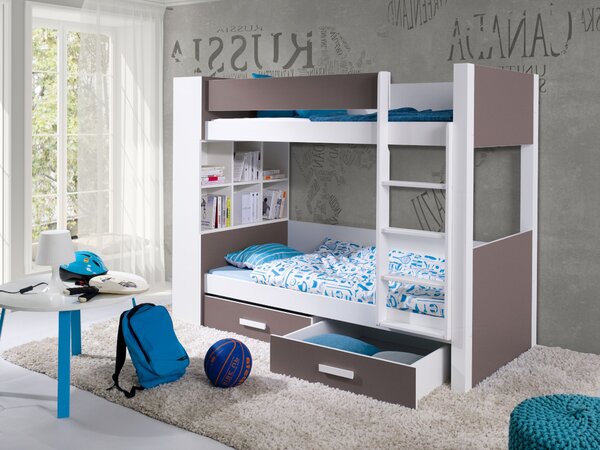 Patrová postel s policemi 80x180 BEDLIA - bílá / dub lanýž, pravé provedení
