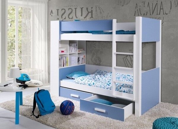Patrová postel s policemi 80x180 BEDLIA - bílá / modrá, pravé provedení