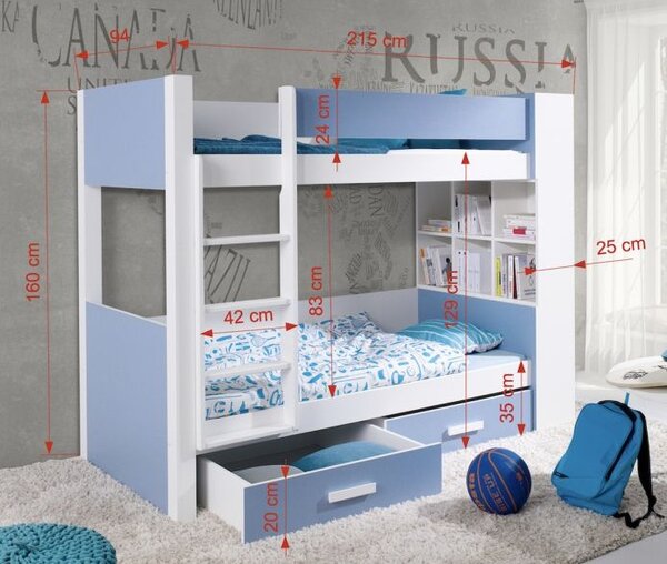 Patrová postel s policemi 80x180 BEDLIA - bílá / dub lanýž, levé provedení