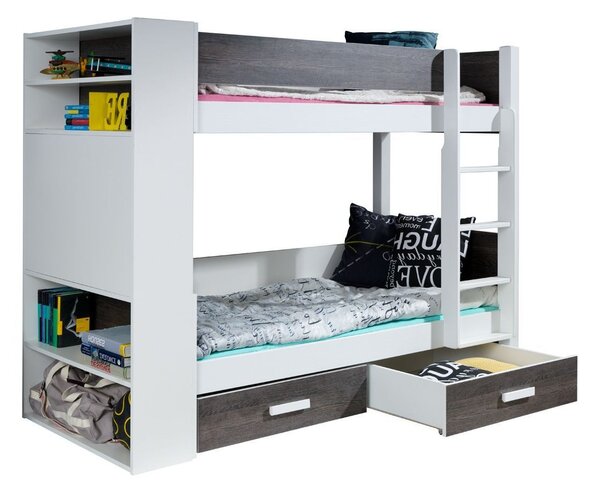 Patrová postel s policemi 80x180 BEDLIA - bílá / zebrano, pravé provedení