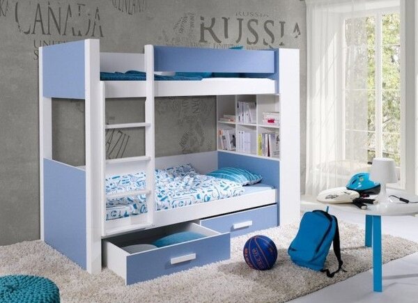 Patrová postel s policemi 80x180 BEDLIA - bílá / modrá, levé provedení