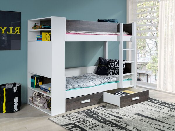 Patrová postel s policemi 80x180 BEDLIA - bílá / zebrano, pravé provedení