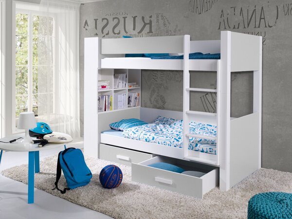 Patrová postel s policemi 80x180 BEDLIA - bílá / šedá, pravé provedení