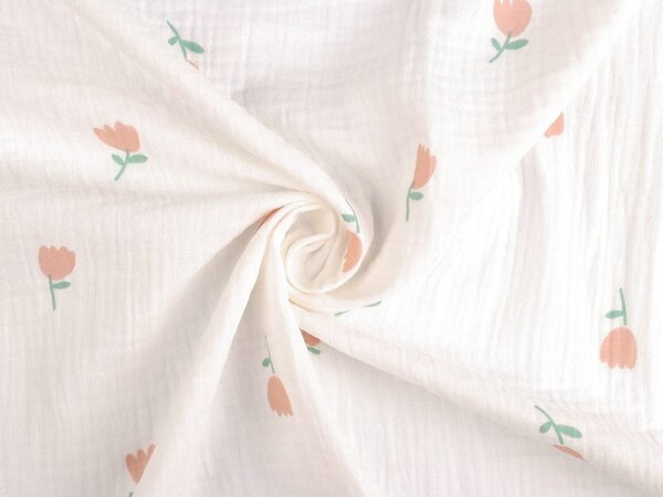 Mušelín / gázovina tulipány METRÁŽ - Off White